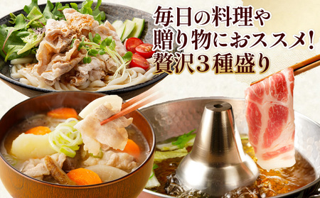 宮崎県産 豚肉 しゃぶしゃぶ 3種食べ比べ 定期便【全3回】合計3.6kg (1.2kg×3回) 真空小分けパック (ロース・肩ロース・バラ) 国産 送料無料