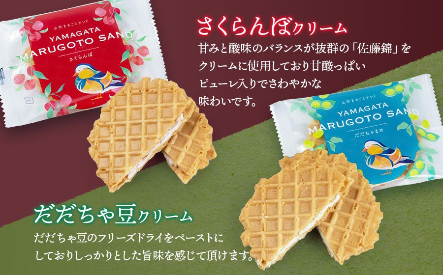 山形まるごとサンド　10袋入　山形県鶴岡市　宇佐美煎餅店　K-813　| クッキー クリームサンド ワッフル お菓子 洋菓子 季節の味 さくらんぼ 枝豆 土産 贈答 ギフト おすすめ お茶菓子 人気 返礼品