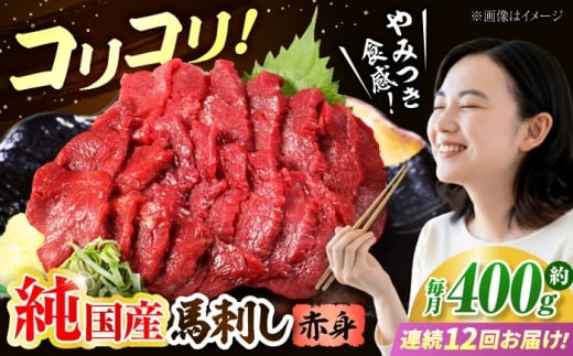 【全12回定期便】『純国産』熊本の味 コリコリ 赤身 馬刺し 計約400g（約200g×2パック）【有限会社 九州食肉産業】 馬刺 馬肉 桜肉 馬 うま ウマ ヘルシー 国産 新鮮 赤身 上質 小分け セット 大容量 低カロリー 高タンパク 冷凍 生食 生肉 ギフト 贈答用 食品 熊本県 合志 合志市 [AYCN133]