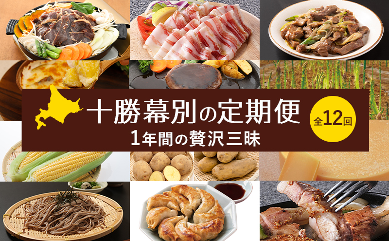 十勝幕別の定期便 1年間の贅沢三昧 全12回 【 チーズ 蜂蜜 ハンバーグ 麺 ウインナー ベーコン 餃子 グラタン 麺 和菓子 スイーツ カレー 牛 豚 野菜 北海道 十勝 幕別 】
