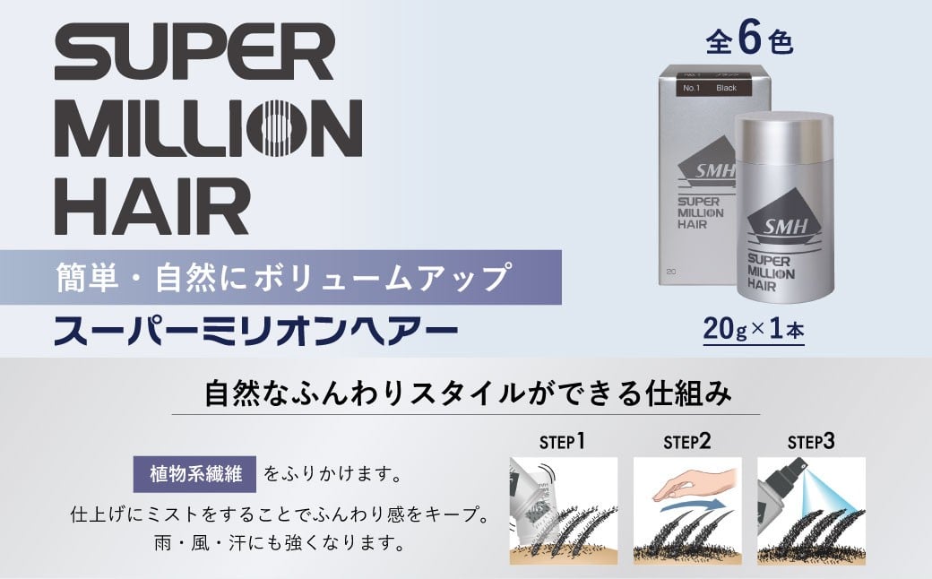 
                  スーパーミリオンヘアー（増毛パウダー）1本（20g）全6色｜ 男女兼用 ルアン SUPER MILLION HAIR ボリュームアップ 男性用 女性用 メンズ レディース ヘアケア 薄毛隠し 白髪隠し カバー 対策 手軽 増毛剤 粉
                