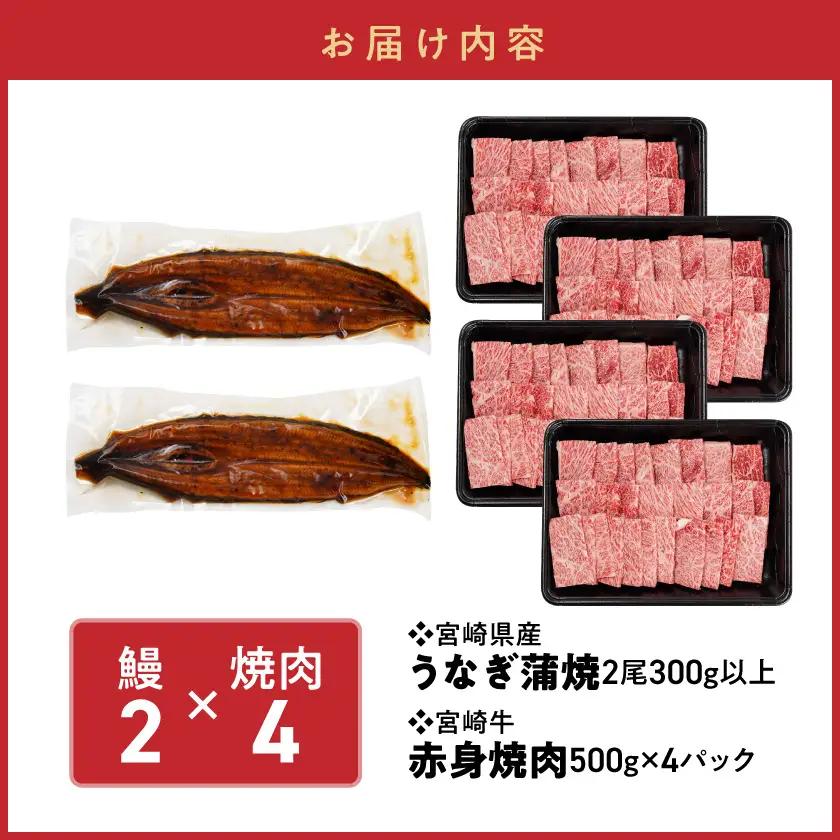 【丑の日】宮崎県育ちのうなぎ蒲焼2尾300g以上≪山椒・たれ付≫&宮崎牛赤身(ウデorモモ)焼肉500g×4パック≪7月20日～25日お届け≫〔47-MMUG300〕_(都城市) 
