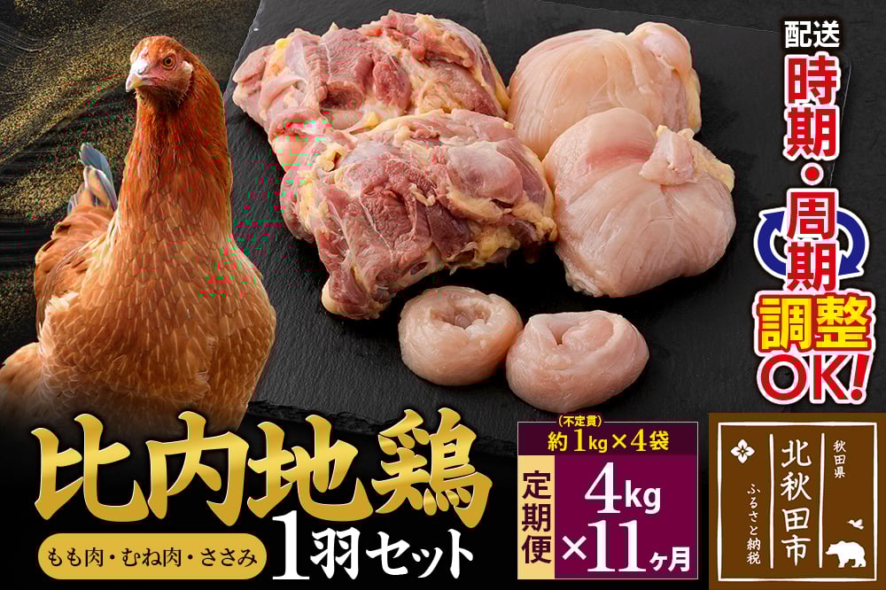 
            《定期便11ヶ月》 比内地鶏 1羽セット（もも肉・むね肉・ささみ）約4kg（約1kg（不定貫）×4袋）×11回 計44kg 時期選べる お届け周期調整可能 11か月 11ヵ月 11カ月 11ケ月 44キロ 国産 冷凍 正肉 鶏肉 鳥肉
          