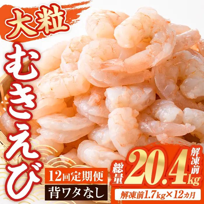 ＜定期便・全12回(連続)＞ 大粒 むきえび (解凍前1.7kg×12回)エビ 海老 背ワタ処理済 背ワタなし 剥きえび 大型 バナメイエビ バラ冷凍 海鮮用 簡単 保存料不使用【216201000】【浜永水産】