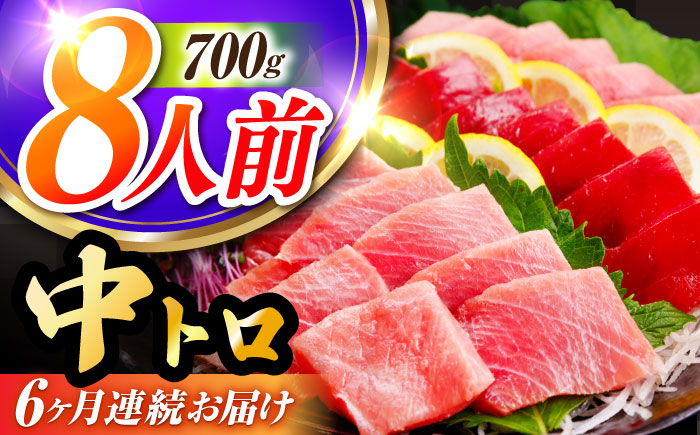 【全6回定期便 (月1回) 】長崎県産 本マグロ 中トロ皮付き 約700g 【大村湾漁業協同組合】 [BAK026] / マグロ まぐろ 中トロ 中とろ 刺身