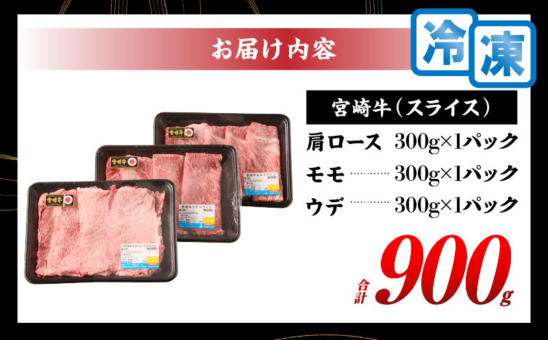 【令和9年1月配送】宮崎牛 赤身 霜降り スライス 3種 食べ比べ セット 合計900g 肉 牛肉 黒毛和牛 国産 おすすめ 肩ロース モモ ウデ すき焼き しゃぶしゃぶ 食品 おかず ご褒美 ギフト 贈り物 プレゼント 冷凍 選べる配送月 宮崎県 日南市 送料無料_CD63-24-01
