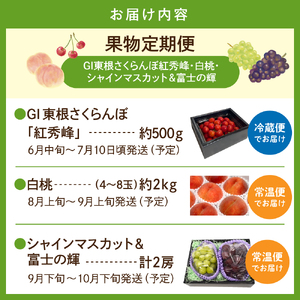 【2026年先行予約 全3回 定期便】東根市産 GI東根さくらんぼ、白桃、大粒ぶどう詰め合わせ 果物定期便　hi074-019 （令和8年産 2026年産 ふるさと納税 さくらんぼ チェリー 紅秀峰 