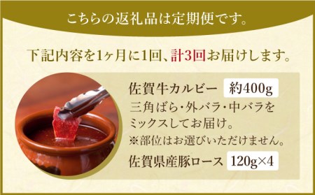 【全3回定期便】三栄の味付け肉（佐賀牛 カルビー 400g＋豚 ロース 4枚）【肉の三栄】カルビ 焼肉 BBQ[HAA044] 佐賀牛 牛肉 カルビ 佐賀牛 牛肉 焼肉 佐賀牛 牛肉 BBQ 佐賀牛 