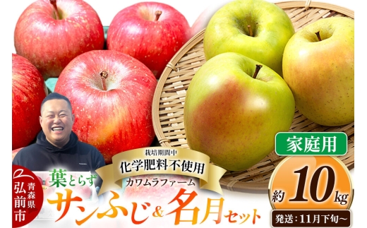 【26年11月下旬～発送】りんご 葉とらず サンふじ＆名月 セット【家庭用】約10kg【先行受付】カワムラファーム 青森県 弘前市 果物 フルーツ 林檎 リンゴ くだもの 不揃い 規格外 [先行予約 産地直送 詰め合わせ アップル おいしい 果実 美味 甘い 赤色 黄色]
