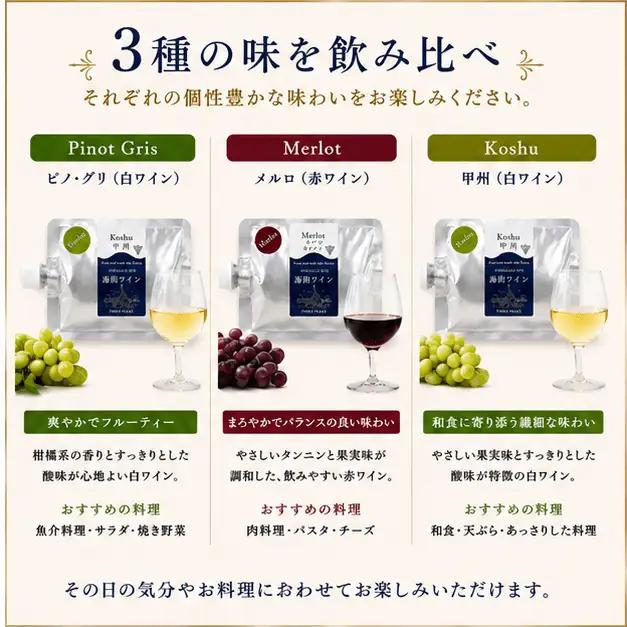 【スピード発送】 -大船渡で造るワイン- パウチワイン 190ml (ピノ･グリ、メルロ、甲州) 3種セット