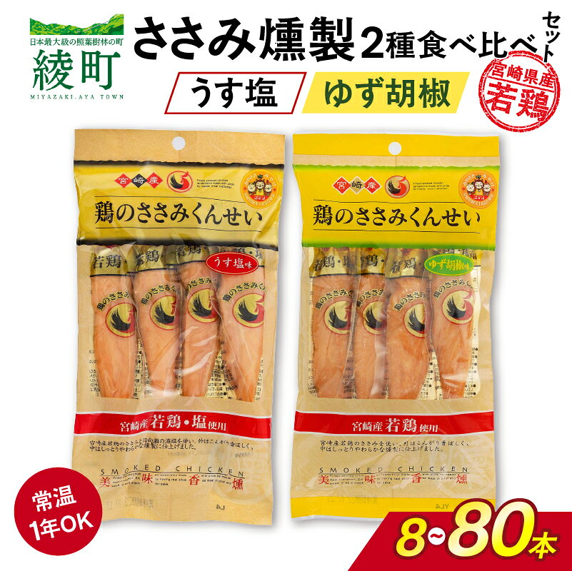 【ふるさと納税】選べる本数！鶏のささみくんせい 2種 うす塩 柚子胡椒 8～80本 ささみ燻製 燻製 鶏肉 高タンパク 低脂肪 筋トレ飯 おつまみ おやつ スモークチキン サラダ パスタ 国産鶏 若鶏 常温保存 食品 グルメ お手軽 人気 おすすめ 宮崎県 綾町 送料無料
