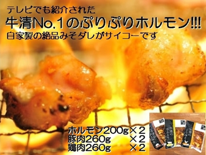 
                  【牛清 自家製味噌漬け Hセット】自家製 みそダレ 黒毛和牛 ホルモン 200g ×2 ぶたみそ 260g ×2 とりみそ 260g ×2 セット 詰め合わせ 自家製 味噌ダレ 牛ホルモン 国産牛 牛 牛肉 豚 豚肉 鶏 鶏肉 味噌漬け 味噌 味付き 味付き肉 焼くだけ 簡単調理 バーベキュー BBQ キャンプ 牛清 三重 伊勢 （1511）
                