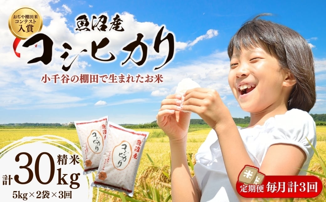 
            【年末感謝】令和7年産 魚沼産コシヒカリ おぢや棚田米コンテスト入賞者の栽培した棚田米 精米30kg（5kg×2袋×3回）定期便 毎月発送 | 新潟県産 コシヒカリ お米 米 おこめ こめ コメ こしひかり 白米 精米 魚沼産 ブランド米【0002-RC07DB00-03】
          