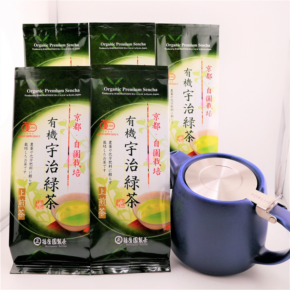 
            有機宇治上煎茶80g×5本＋ティーポット付〈有機 オーガニック  一番茶 茶葉 煎茶 緑茶 上質 宇治茶 お茶 茶 宇治 ティーポット セット 飲料〉S2701
          