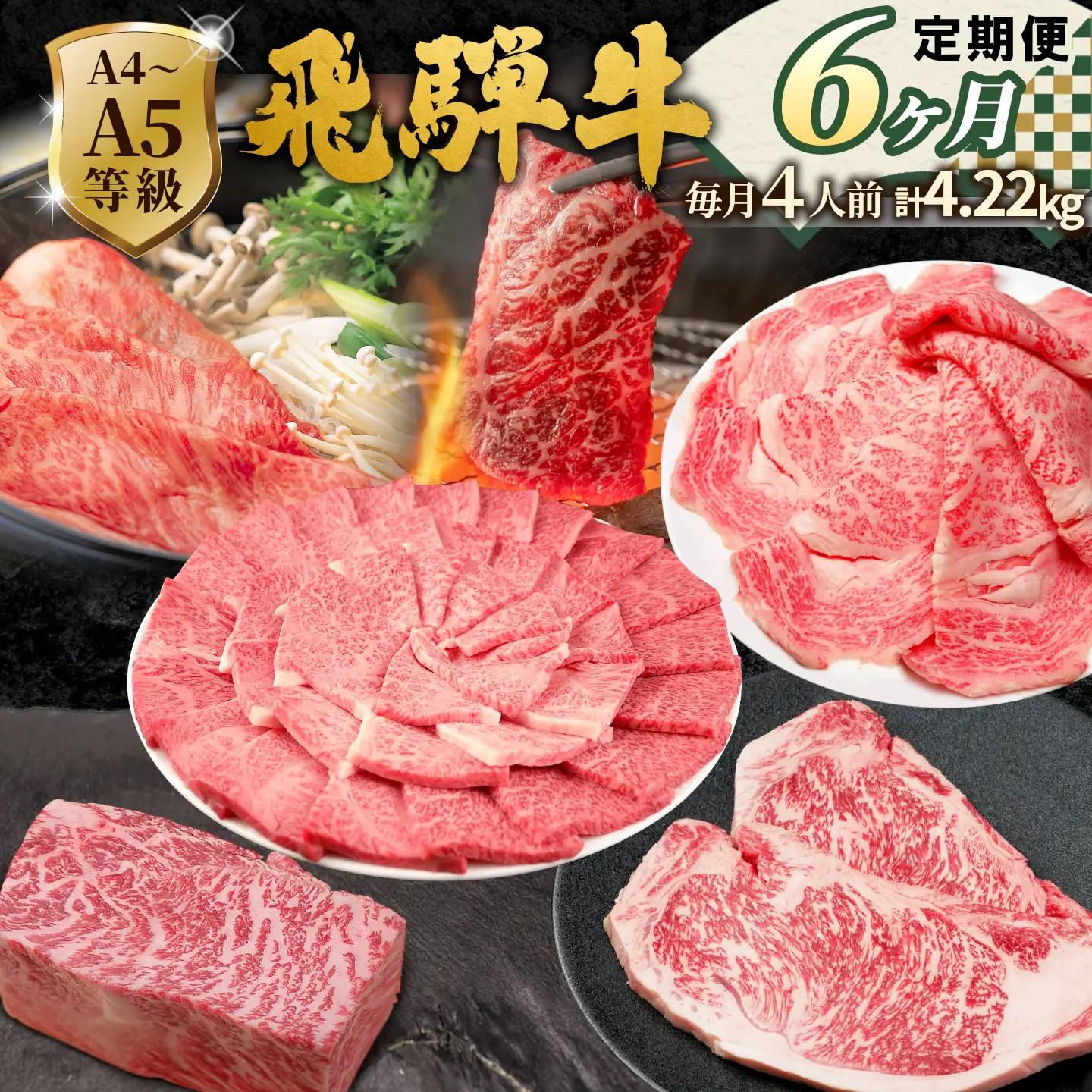全6回 飛騨牛 定期便 約4.22kg 4人前 すき焼き しゃぶしゃぶ ステーキ 焼肉 BBQ ロース カタロース ロースステーキ モモ カタ 贅沢 贈り物 6ヶ月 定期 おすすめ 人気 飛騨 ブランド牛 肉のひぐち 肉のひぐち 岐阜県 七宗町