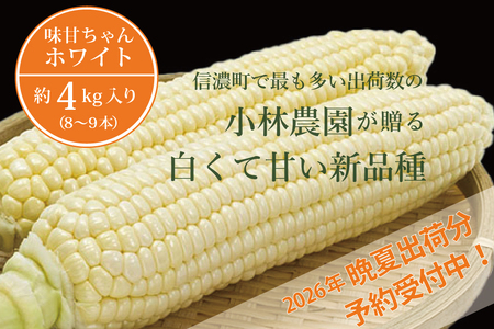 【2026年夏の予約受付開始！】小林農園の白くて甘いとうもろこし『味甘ちゃんホワイト（みかんちゃんほわいと）』8～9本入り（4kg強セット）／スイートコーン注目品種を予約受付中！ 【長野県信濃町ふるさと納税】