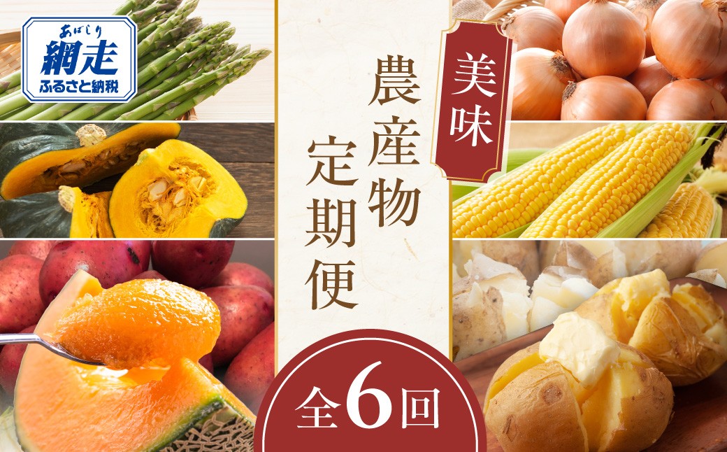 
                  【定期便6回】網走美味農産物定期便「年6回お届け」（網走加工） 【 ふるさと納税 人気 おすすめ ランキング じゃがいも 男爵 メークイン アスパラ アスパラガス メロン 朱肉メロン とうもろこし トウモロコシ 北あかり レッドムーン 南瓜 かぼちゃ 野菜 定期便 オホーツク 北海道 網走市 送料無料 】 ABAO1026
                