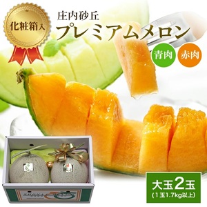 SA2812　庄内砂丘プレミアムメロン(青肉・赤肉) 各1玉 1.7kg以上　計2玉