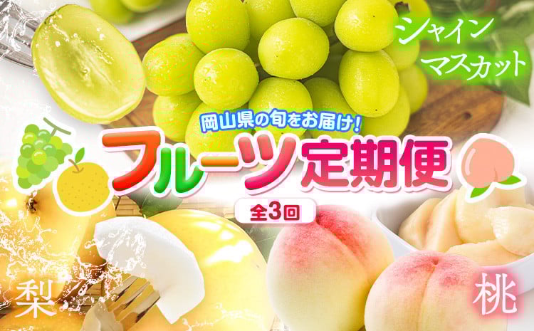 
                  岡山県 旬のフルーツ定期便 全3回 桃 約1.3kg(4～8玉前後) シャインマスカット 約1.3kg (2房) 旬の梨 約1.8kg (2～5玉前後) 訳あり《7月上旬～12月末頃出荷》優品 フルーツ 果物 ご家庭用 定期便 お取り寄せ デザート
                