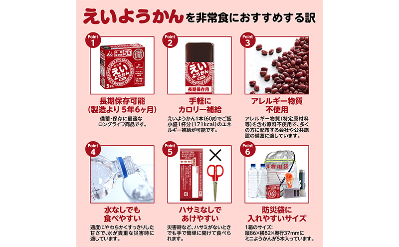 えいようかん 非常食  1セット(20本:5本入×4) ミニようかん ひとくち羊羹 スティック スイーツ 和菓子 おやつ お菓子 備蓄 保存食 長期保存 栄養補給 防災 災害対策 登山 行動食 まとめ