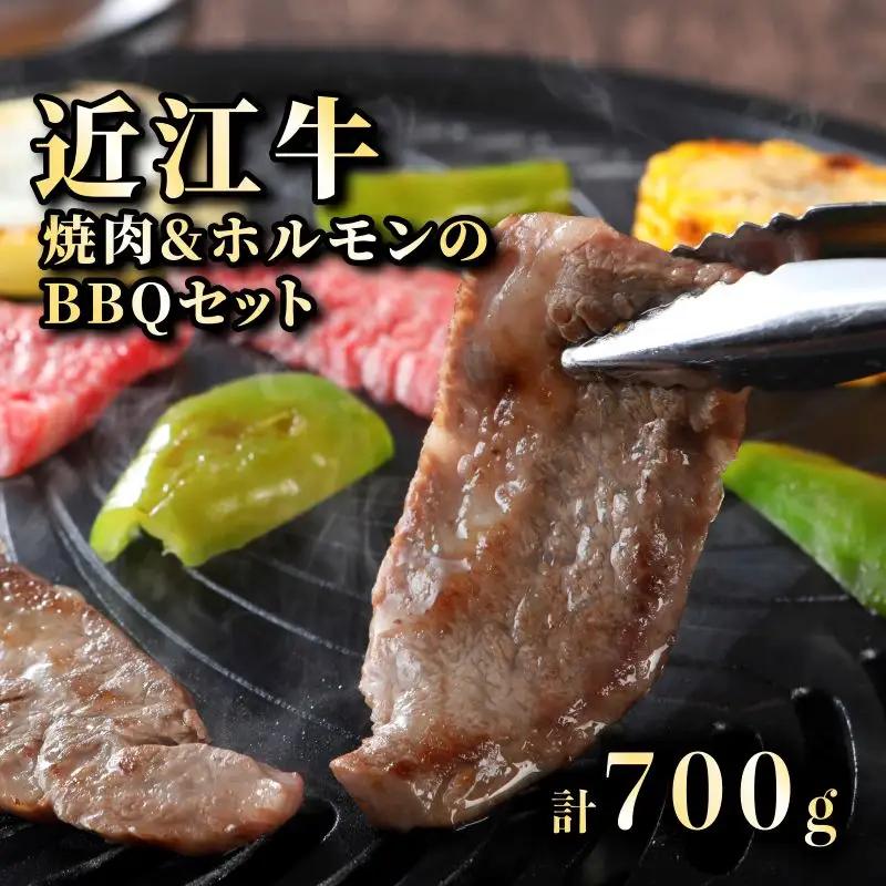 近江牛焼肉とホルモン 旨味タレ付けミックスセット2?3人分（BBQセット）計700g《近江牛A5ランクメス牛一頭買い みのや》近江牛焼肉