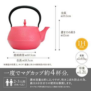 南部鉄器 鉄瓶 末広アラレピンク 1.2L IH調理器 伝統工芸品 アラレ模様 使いやすい 鉄分補給 人気 やかん ケトル キッチン用品 日用品 雑貨 [BS049]