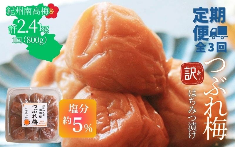 
                  【定期便全3回】【塩分約5％】和歌山県紀州南高梅つぶれ  はちみつ漬け　訳あり 800g　agrjpn-tkb013
                