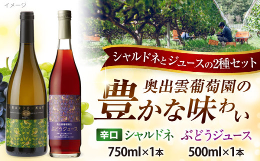 詰め合わせ 奥出雲葡萄園 シャルドネ（白ワイン）・ぶどうジュースセット   国産 ジュース セット 白ワイン シャルドネ ワイン ぶどうジュース ブドウジュース 葡萄ジュース ストレートジュース 100% 100パーセント 飲み比べ 2本 セット ノンアルコール 飲料 ドリンク お酒 酒 アルコール 贈り物 プレゼント お祝い 島根県雲南市/有限会社奥出雲葡萄園 [AICS029]