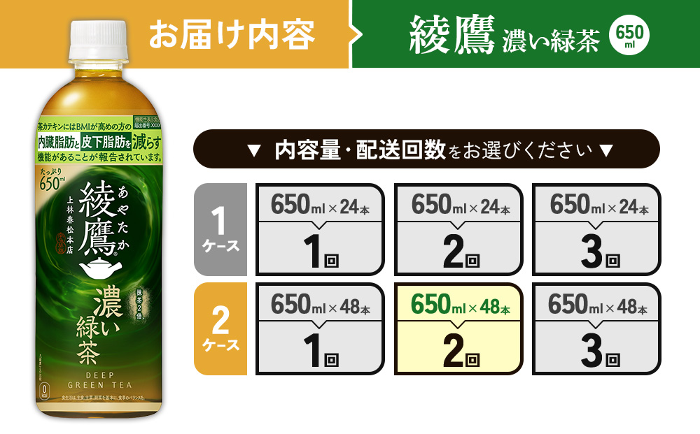 （2回定期便）綾鷹 濃い緑茶 650ml PET【コカ・コーラ】ペットボトル 2ケース(48本) 定期便 2回(96本) セット お茶 緑茶 抹茶 日本茶 茶葉 カテキン 内臓脂肪 皮下脂肪 健康 機能性表示食品 宮崎県 えびの市 送料無料