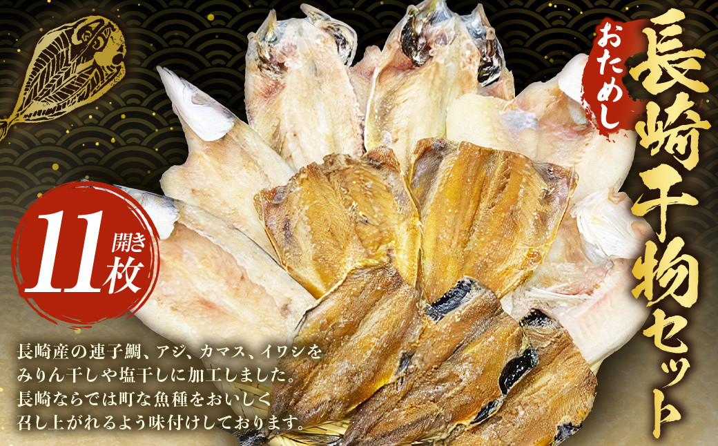 
            寄附はお早めに！在庫限り！ 訳あり 長崎干物セット 5種 11枚入 ／ 魚 さかな 干物 鯛 たい 鯵 あじ カマス 鰯 いわし 塩干し みりん干し 開き ひもの 詰め合わせ 冷凍 訳アリ ワケアリ わけあり 理由あり 長崎県 長崎市
          