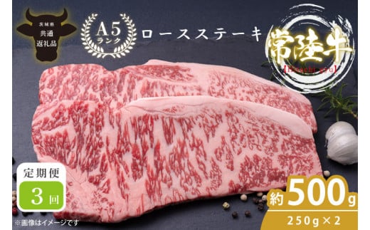 【3回定期便】最高級A4.A5ランク 常陸牛ロースステーキ500ｇ（250ｇ×2）×3回【人気肉 お肉 牛肉 和牛 黒毛和牛 国産黒毛和牛 ロース肉 ステーキ 国産牛 焼肉 焼き肉 バーベキュー BBQ A5 ブランド牛】(CR007)