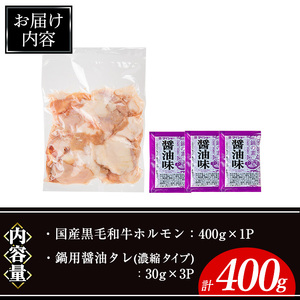 国産 黒毛和牛 ホルモン 計400g(400g×1P) &鍋用醤油タレ(濃縮タイプ：30g×3P) 牛肉 【ナンチク】A993
