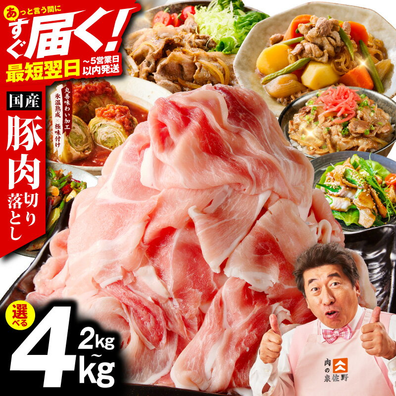 【ふるさと納税】最短翌日発送 国産豚肉 切り落とし 2kg / 4kg 氷温熟成×極味付け 1P 500g 豚 肉 豚肉 熟成肉 国産 カレー 野菜炒め 豚丼 豚汁 発送月 訳あり 冷凍 ストック 時短調理 5営業日 大阪府 泉佐野市 送料無料 肉の泉佐野