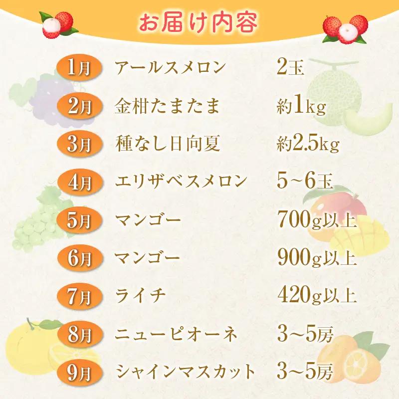 2027年出荷 新富町 特産フルーツ 詰め合わせ 定期便 9か月コース くだもの マンゴー ライチ メロン シャインマスカット ぶどう 柑橘 国産 F151-27
