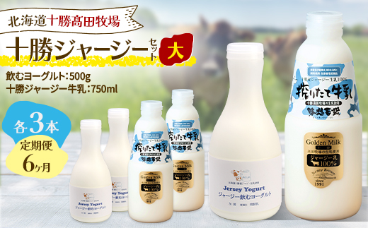 【毎月定期便】十勝ジャージーセット 大 各3本(飲むヨーグルト500g・牛乳750ml)全6回【配送不可地域：離島】