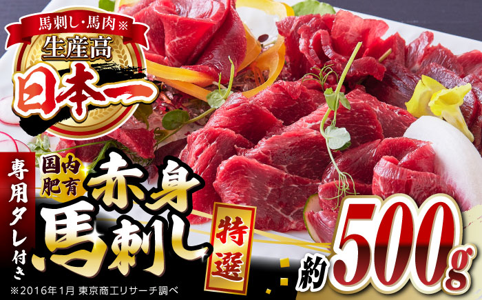 国内肥育 馬刺し 特選赤身 約500g 専用タレ付き 熊本 山都町 冷凍 馬肉 馬刺 ヘルシー 小分け【有限会社 丸重ミート】[YAK002]