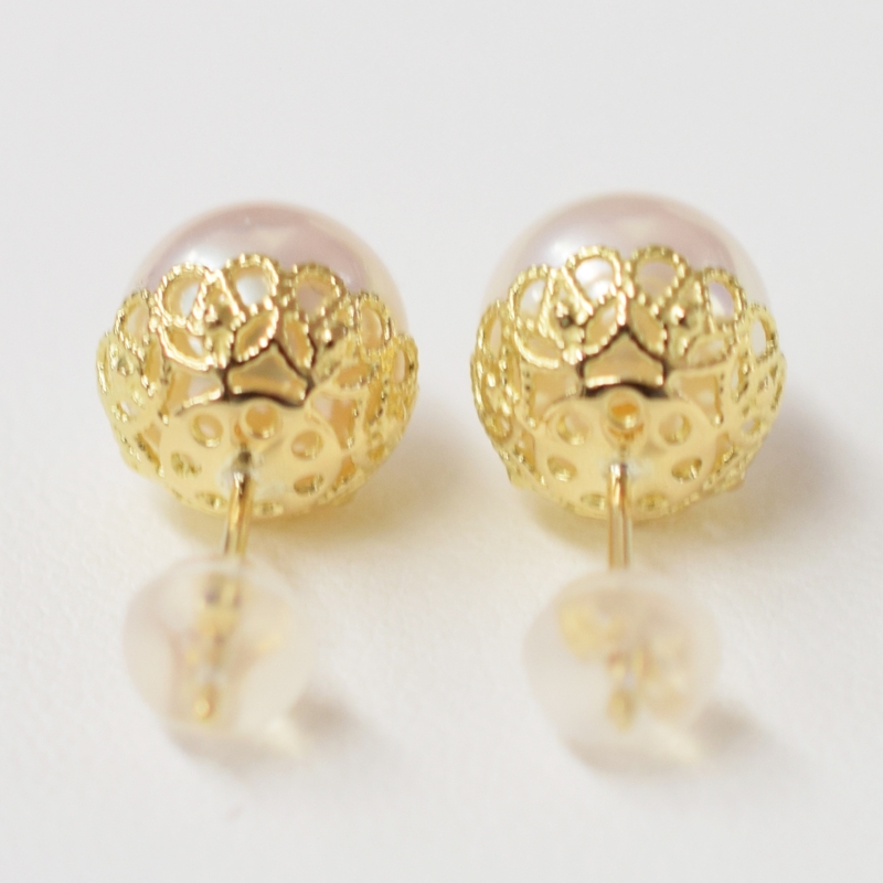 S101-426_あこや真珠 天草 熊本 ピアス 菊皿 8mm - 8.5mm 花型 ホワイトピンク K18 K14 本真珠  