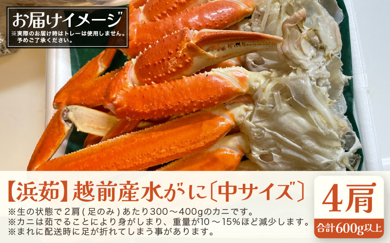 【期間限定】浜ゆで 越前産水がに中サイズ 4肩（足のみ2肩あたり300～400g） 合計600g以上 産地直送 食べやすい【雄 ズワイガニ 越前ガニ 足のみ ボイル 冷蔵 かに カニ 蟹 福井県】希望