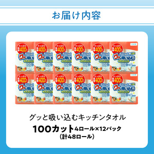 R14030　グッと吸い込むキッチンタオル100カット（4ロール×12パック）キッチンペーパー　吸収力に優れたキッチンペーパー　破れにくいキッチンペーパー