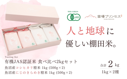【令和8年産先行予約】【有機JAS認証米】食べ比べ2kgセット・魚沼産コシヒカリ精米1kg（500g×2）・魚沼産にじのきらめき精米1kg（500g×2）| 苗場プリンセス・プレミアム米 おすすめ 人気ギフト 新潟県 津南町