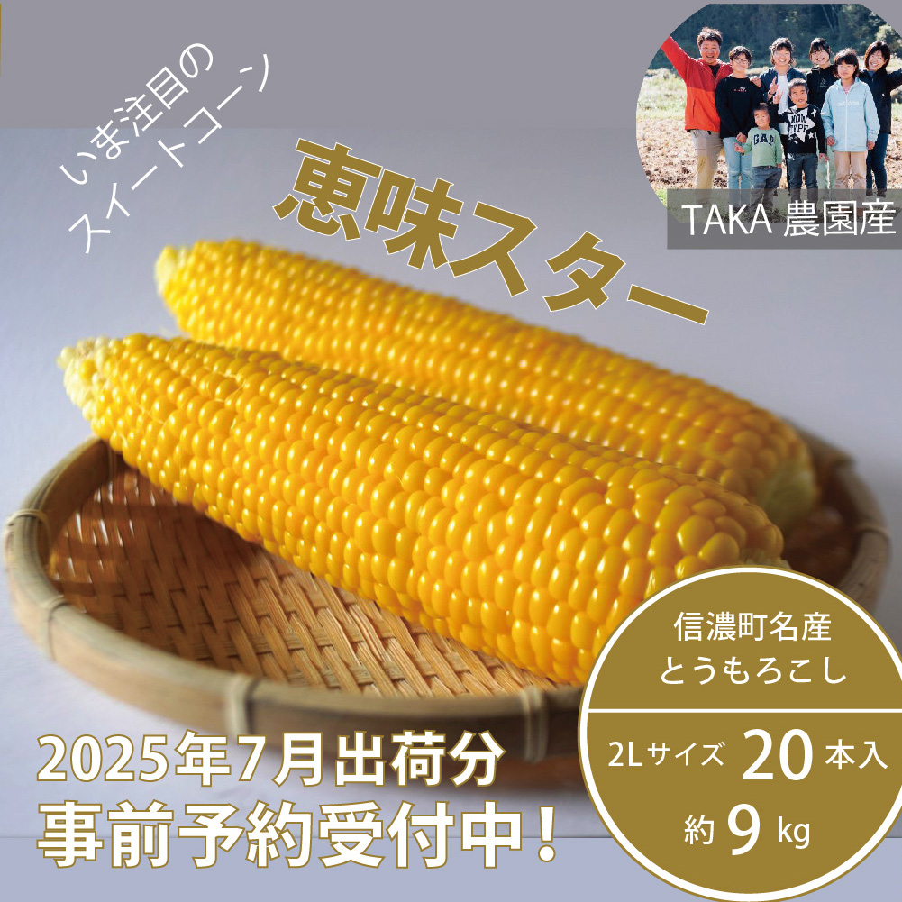 信濃町名産とうもろこし『TAKA農園の恵味（めぐみ）スター』2Lサイズ（1本450ｇ相当）×20本セット【2025年夏のご予約受付開始！】スイートコーンの人気品種を早期予約限定で受付中！締め切りは7月10日【長野県信濃町ふるさと納税】