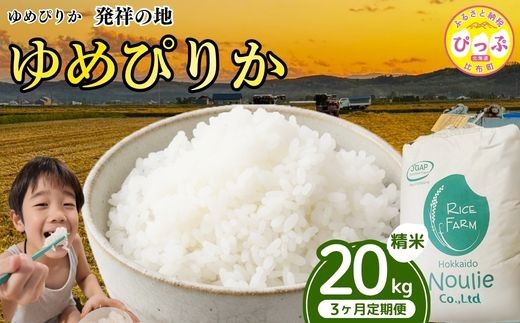 令和7年産 ゆめぴりか 精米 20kg 3ヶ月定期便【農業生産法人ノウリエ】米 お米 北海道米 特Aランク 国産 白米 コメ 北海道 比布町 ぴっぷ 1017-019