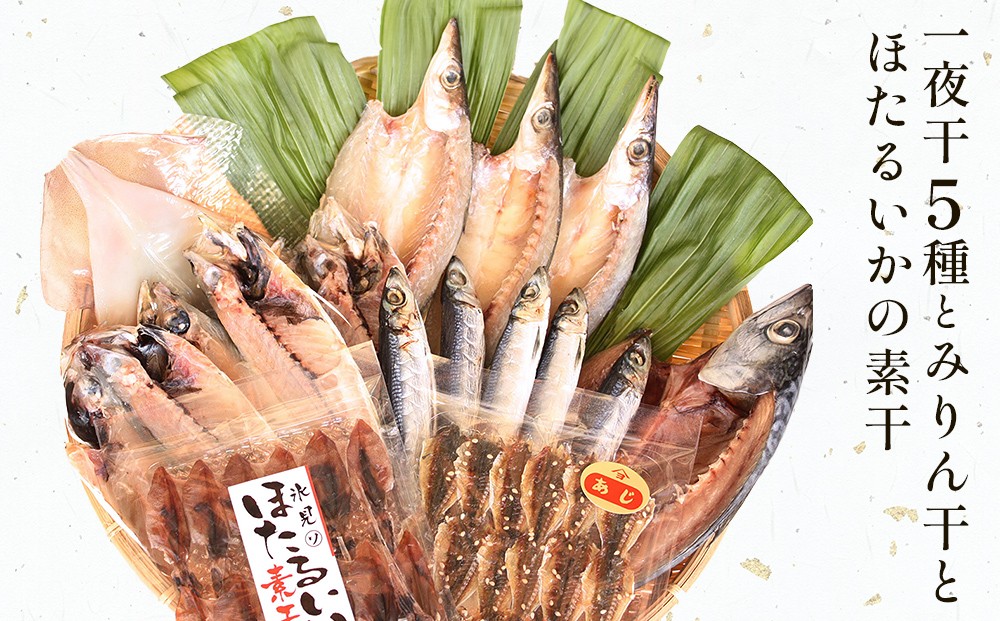 
                  【氷見 堀与】 一夜干し5種とみりん干とほたるいかの素干し
                