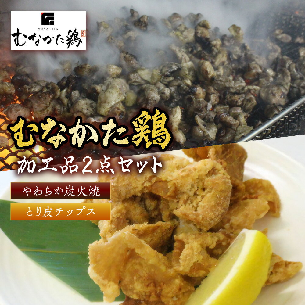 【ふるさと納税】むなかた鶏加工品2点セット（とり皮チップス・やわらか炭火焼）【道の駅むなかた】_HA0772　送料無料おやつ お菓子 おつまみ お子様 大人 おかず むなかた鶏 鶏皮 パリパリ 電子レンジ 湯せん セット