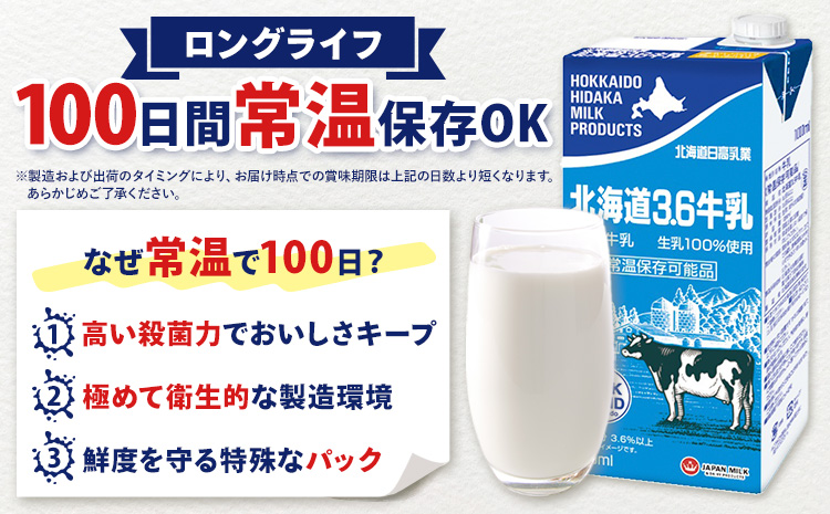 【3ヶ月定期便】ロングライフ 常温保存可能 北海道 3.6 牛乳 1000ml × 12本 日高乳業《お申込み翌月から出荷》北海道 日高町 牛乳 常温 備蓄 ストック 定期便 1L
