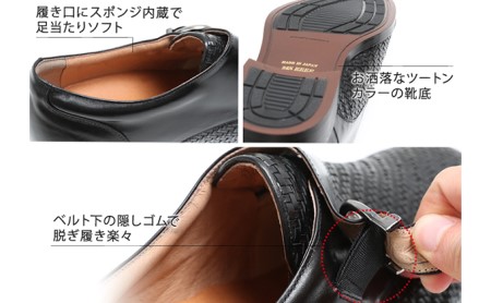 ビジネスシューズ 本革 革靴 カンガルー革 通気性 メッシュ モンク 紳士靴 4E ワイド No.1275 ブラック 26.5cm