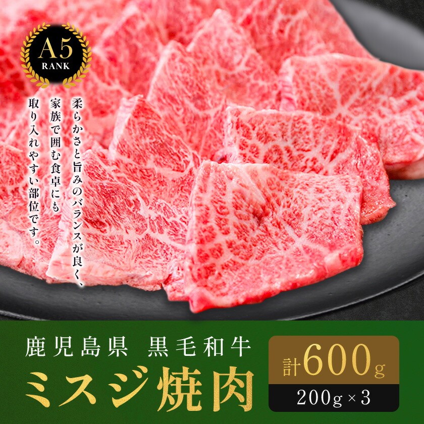 
                  鹿児島県黒毛和牛ミスジ焼肉600g 200ｇ×3パック 株式会社カミチク 《90日以内に出荷予定(土日祝除く) 》  黒毛和牛 和牛 ミスジ 焼肉
                
