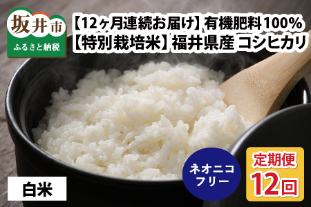 【先行予約】【令和7年産・新米】【12ヶ月連続お届け】【特別栽培米】福井県産 コシヒカリ 10kg ～化学肥料にたよらない有機肥料100%～ ネオニコフリー （白米）【2025年10月上旬以降順次発送予定】【 白米 お米 ごはん ブランド米 こしひかり 10キロ 産地直送 定期便 お楽しみ ふるさと納税米 】 [O-13401_01]