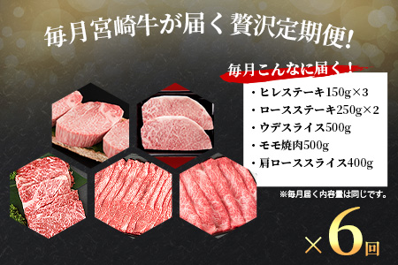 【定期便 6回】受賞歴多数!! 宮崎牛【牛肉の王様 King(キング)のバラエティ定期便】【ヒレステーキ・ロースステーキ・肩ローススライス・ウデスライス・モモ焼肉】