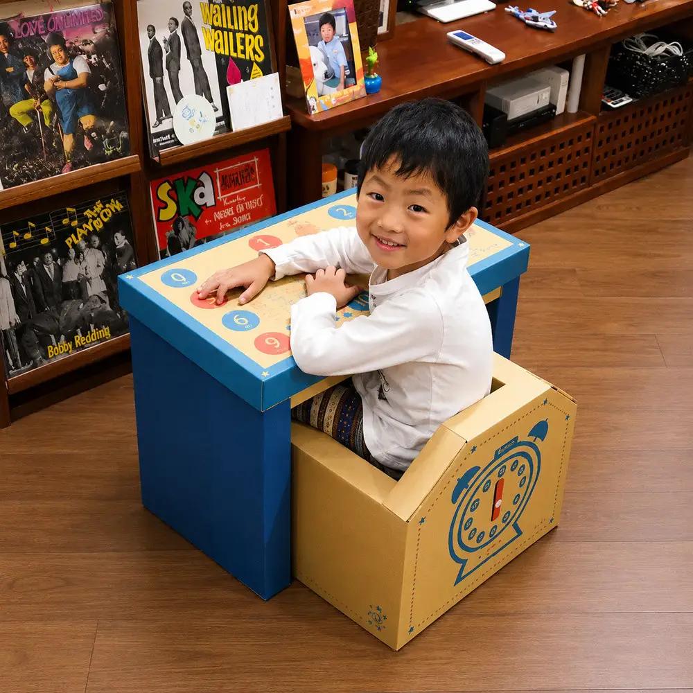 成長に合わせて使える段ボール家具　ジュニアデスクチェア&おうち型収納ボックス◇【カラー：青】